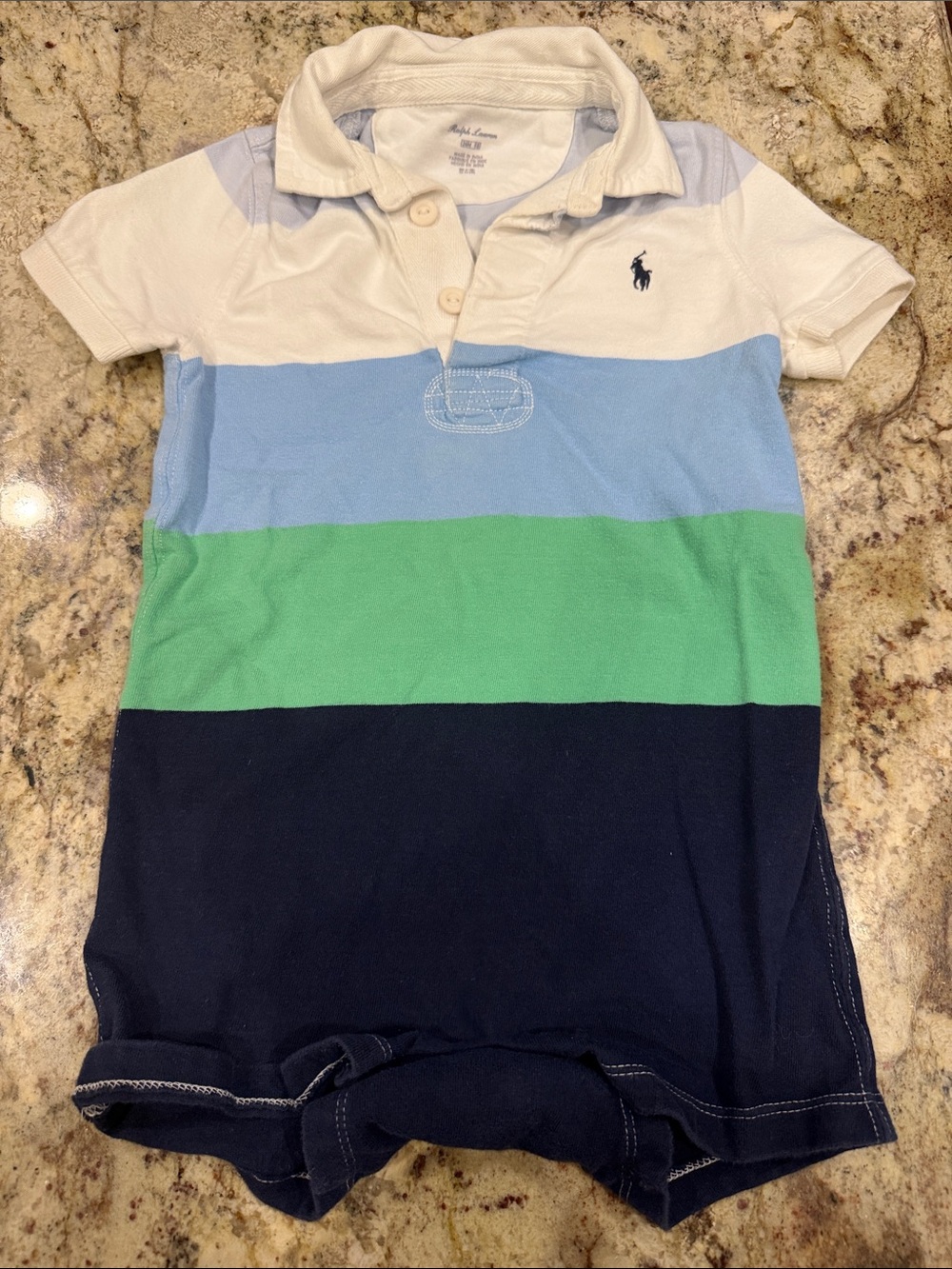 Ralph Lauren White, Light Blue, Green & Navy Striped Polo Romper